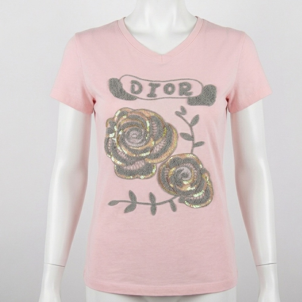 Dior Vintage Pink Tee with Sequined Rose Motif